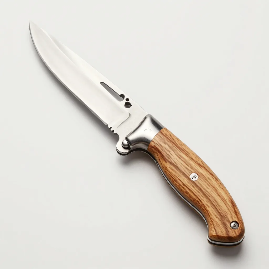 A Thiers slipjoint knife with an oak handle on a light background