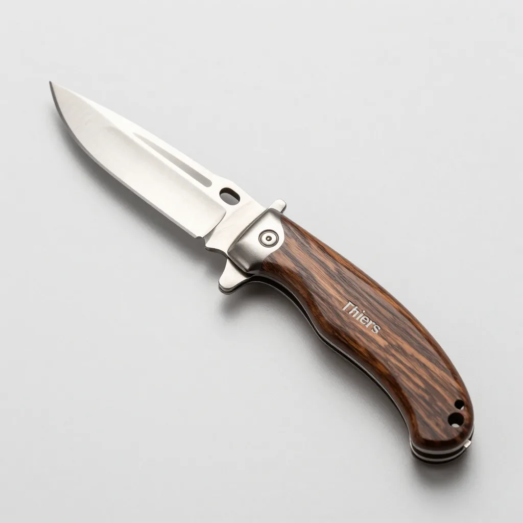 A mini Thiers pocket knife with a walnut handle on a light background