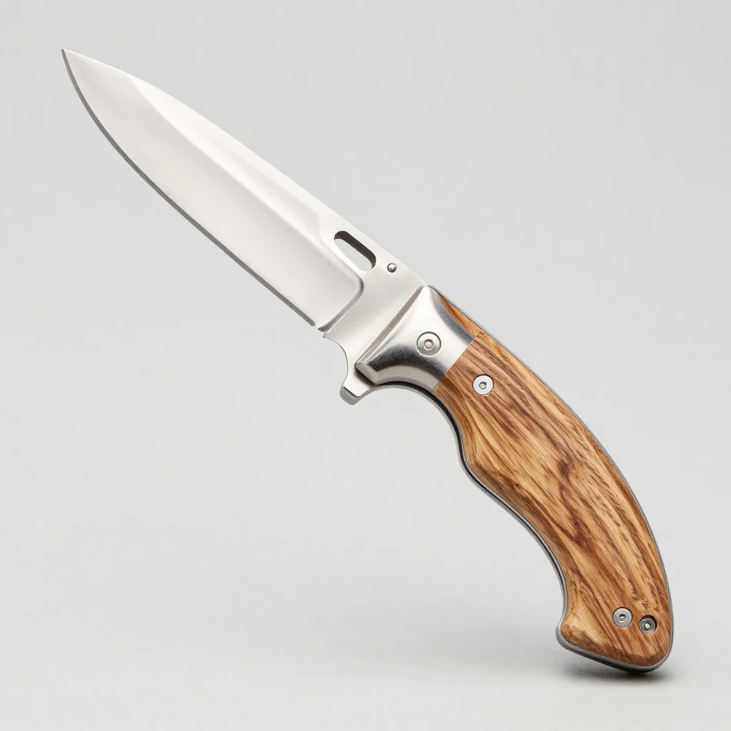 A Thiers slipjoint knife with an oak handle on a light background