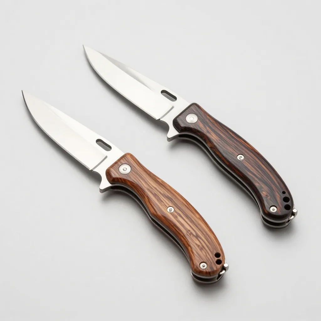 Two Thiers folding knives with different wooden handles on a light background