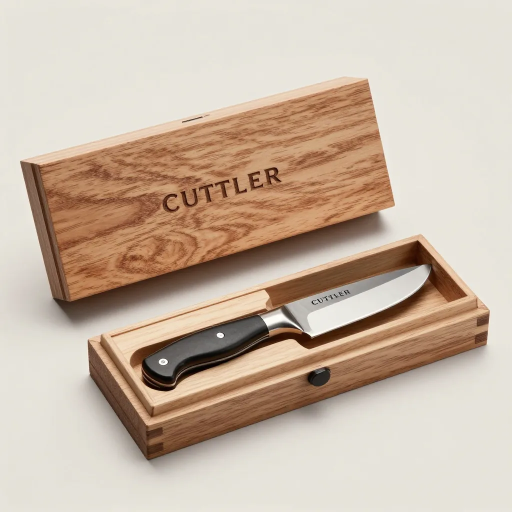 A cutler's gift set with a knife and honing stone in a wooden box on a light background